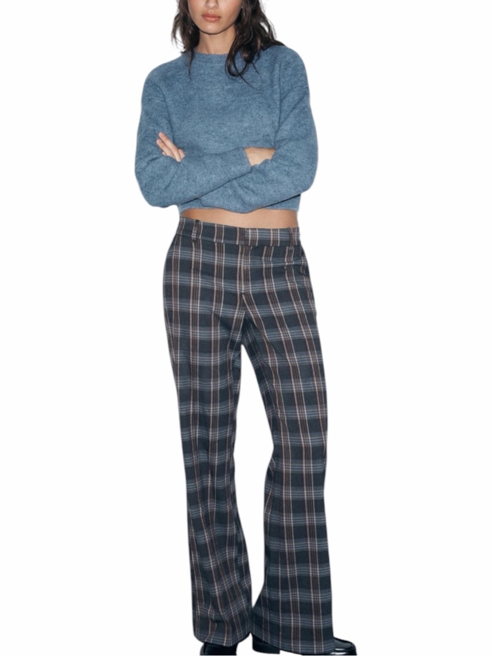 ZARA NWT Blue Gray Plaid Wide Leg High Waist Trousers XS